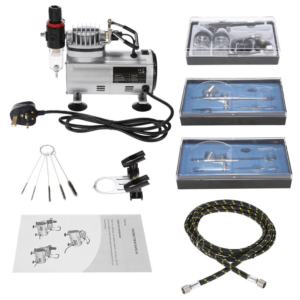 KKmoon 220V Professional Gravity Feed Dual Action Airbrush Air Compressor Kit for Art Painting Manicure Craft Cake Spray Model Air Brush Nail Tool Set