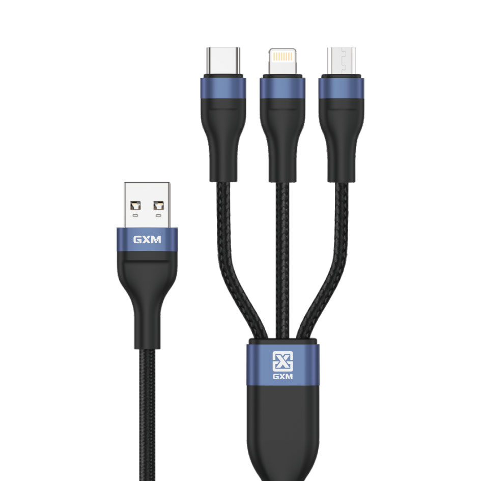 GXM 100W 3 in 1 Quick Fast Charging Data Cable iP Lightning USB Type C to Type C MicroUSB Data Transfer Samsung Huawei OPPO VIVO Xiaomi Charger Cable 1.2m Black