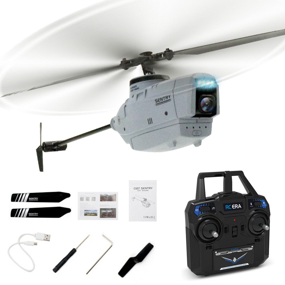 RC ERA C127 RC  Helicopters 2.4G 4CH 6-Axis Gyro Altitude Hold Optical Flow Localization Flybarless RTF Sentry Helicopters With 720P Camera Drones Mode 2